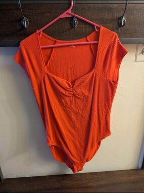 Old Navy Orange Red Ribbed Cap-Sleeve Bodysuit with Front Ruched Detail XL